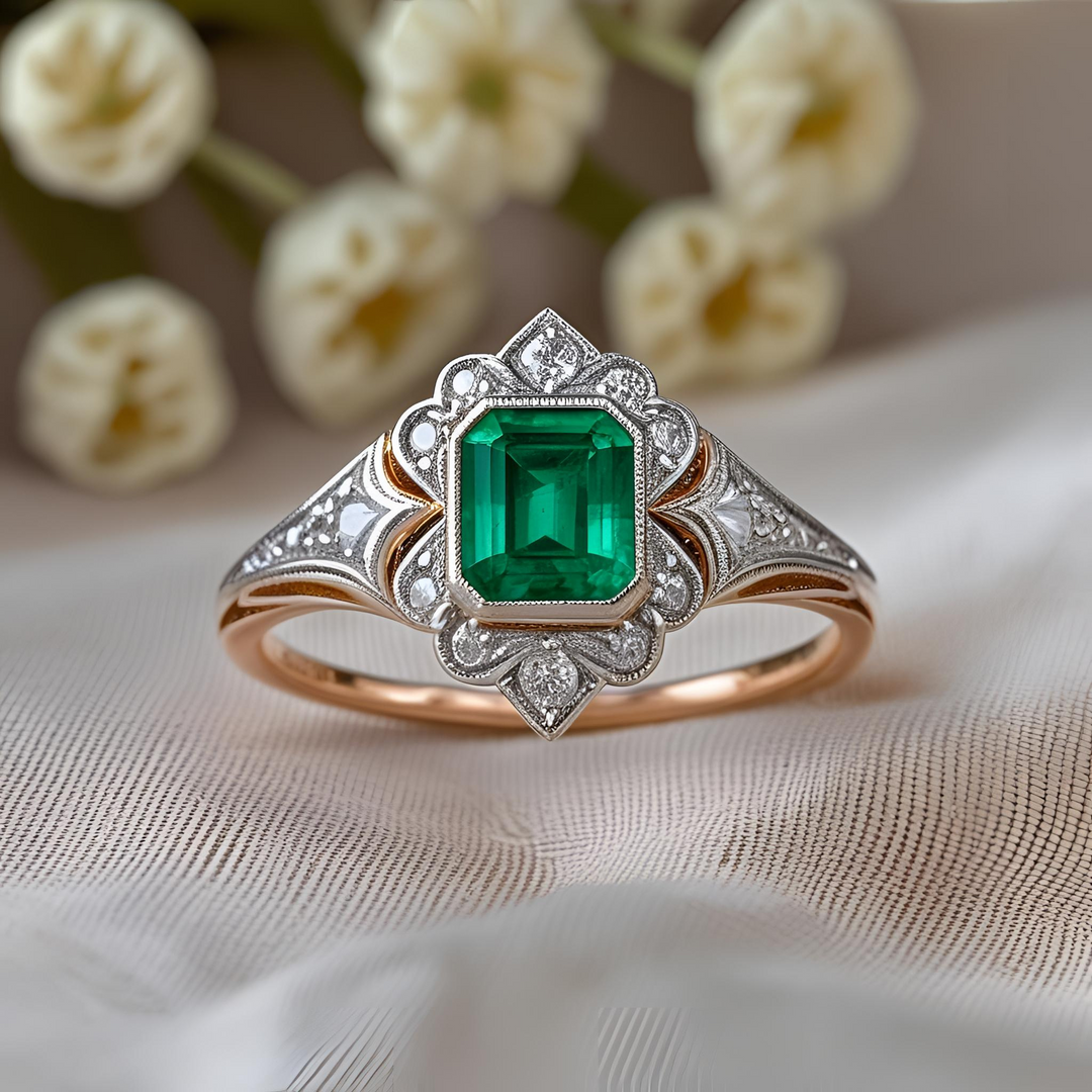 Emerald cut emerald engagement ring with diamond halo, Art Deco emerald ring with milgrain detailing, Edwardian inspired emerald engagement ring. | Antique Style Custom Engagement Rings | Rare Earth Jewelry