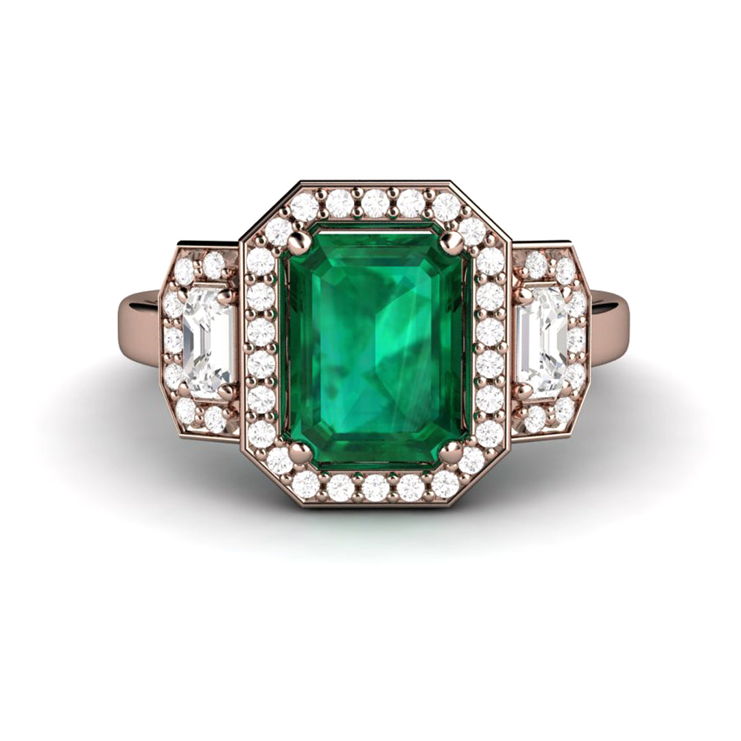 Large Emerald Engagement Ring 3 Stone with Lab Created Diamond Halo, Rare Earth Jewelry