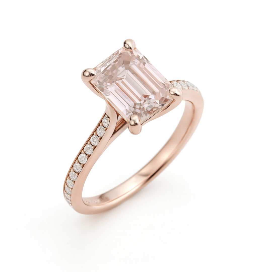 Emerald Cut Morganite Engagement Ring, Top View of Pink Morganite Solitaire Ring, Cathedral Setting with Diamond Accents | Rare Earth Jewelry