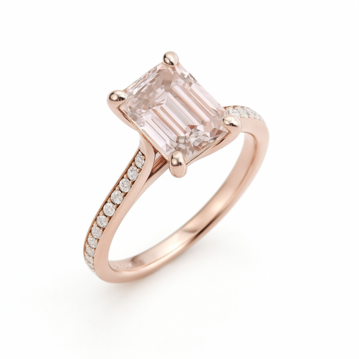 Emerald Cut Morganite Engagement Ring, Top View of Pink Morganite Solitaire Ring, Cathedral Setting with Diamond Accents | Rare Earth Jewelry
