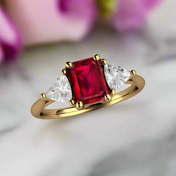 Natural Ruby Engagement Ring | Emerald Cut Three Stone Diamond Trillion Ring