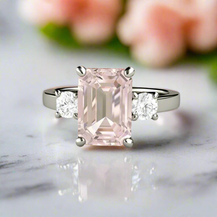 Three Stone Morganite Engagement Ring, Emerald Cut Morganite Ring with Diamonds, Natural Morganite Ring  Rare Earth Jewelry