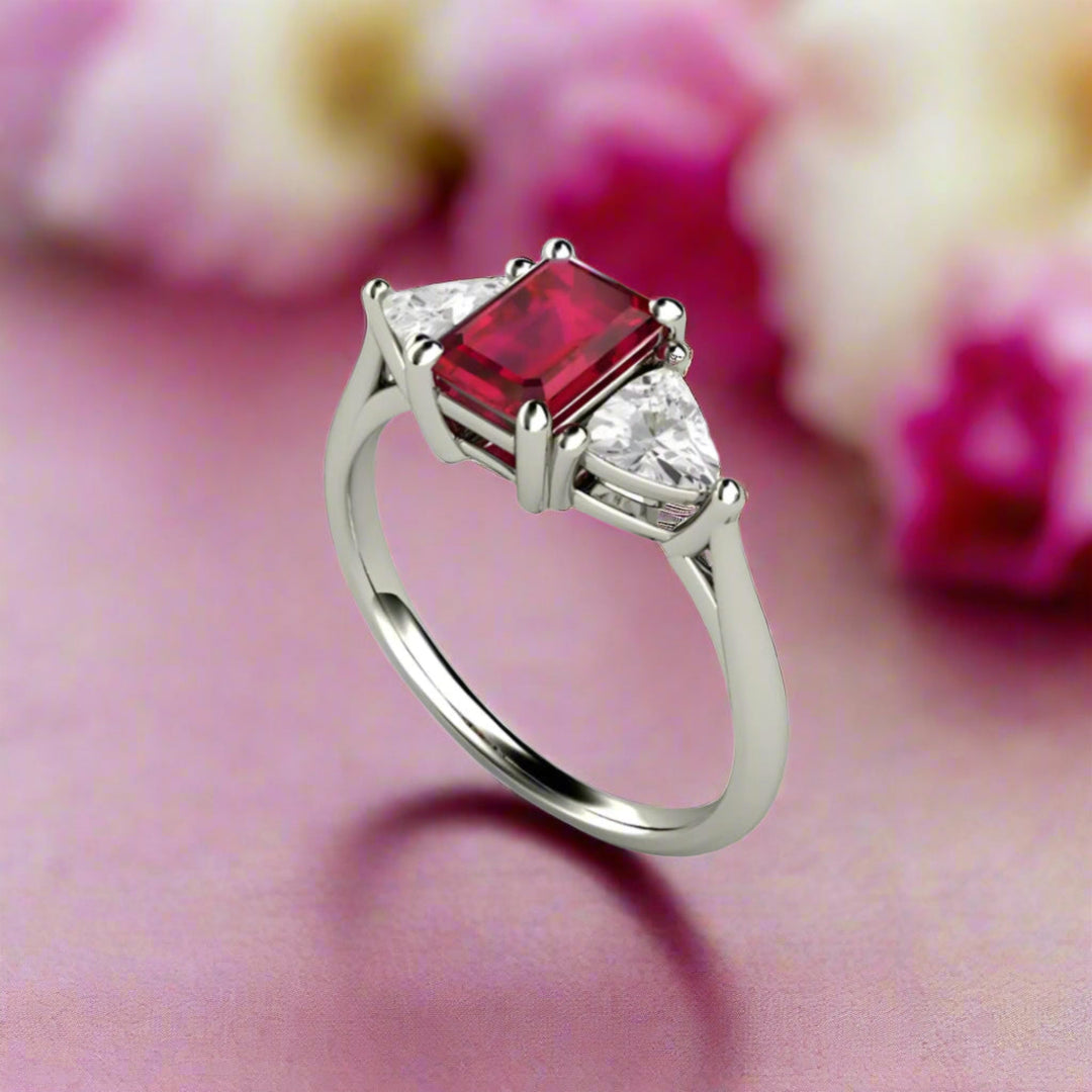 Three Stone Ruby Ring, Emerald Cut Lab Grown Ruby Ring with Lab Grown Diamond Trillions in Gold or Platinum, July Birthstone Jewelry | Rare Earth Jewelry