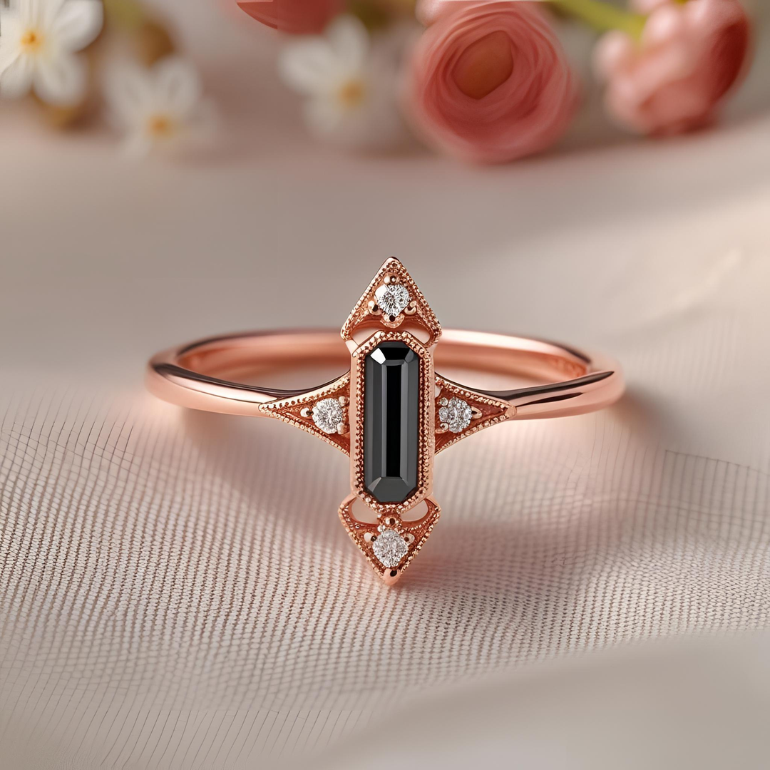 Dainty black diamond baguette ring with openwork detailing, romantic vintage design, milgrain edges, and delicate diamond accents in rose gold. Victorian Inspired Jewelry | Gothic Engagement Rings | Rare Earth Jewelry
