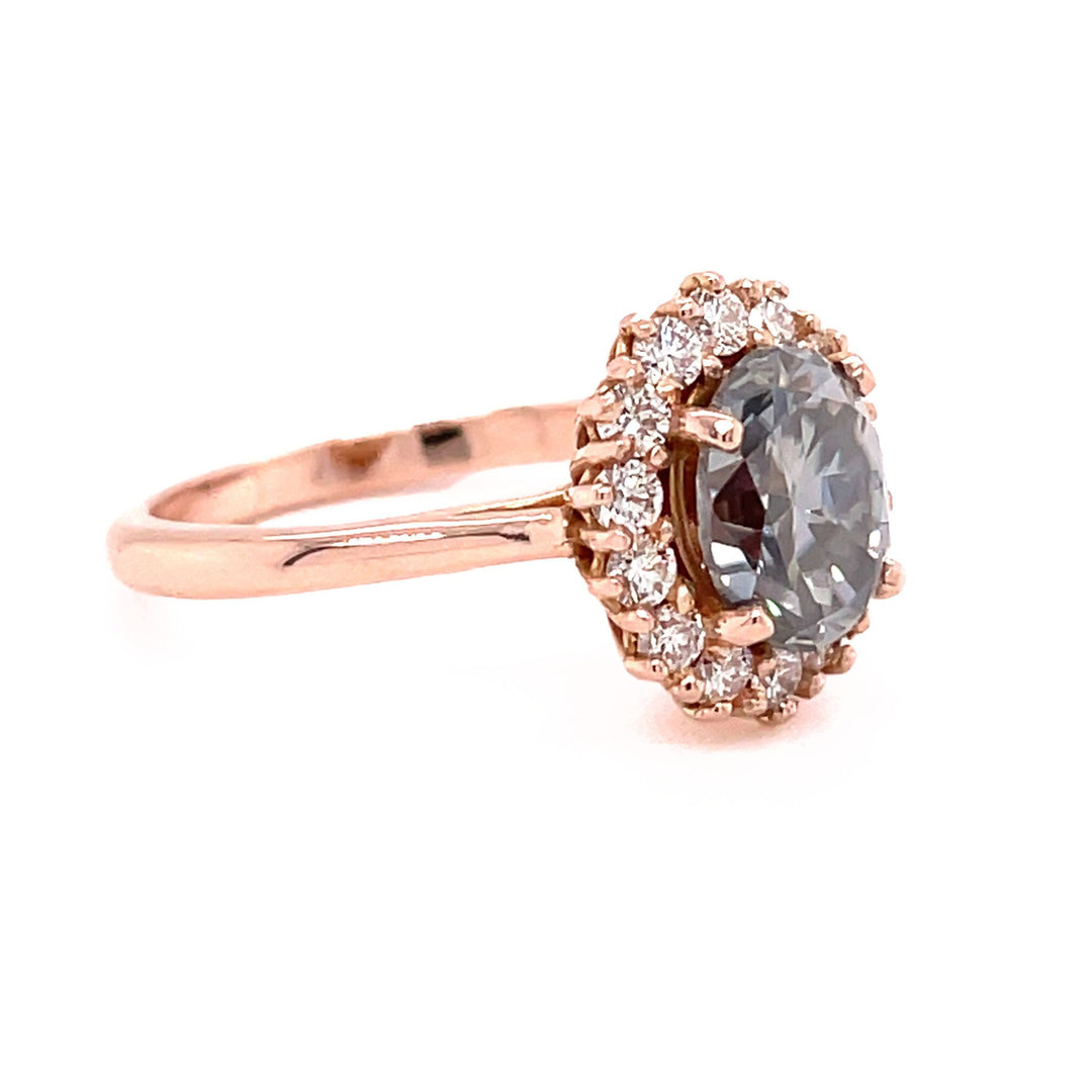 Gray Moissanite Oval Engagement Ring Vintage Inspired Halo Design, Rare Earth Jewelry