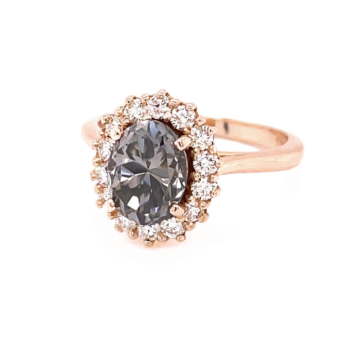 Gray Moissanite Oval Engagement Ring Vintage Inspired Halo Design, Rare Earth Jewelry