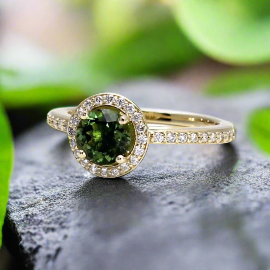 Round Green Tourmaline Ring with Diamond Halo, October Birthstone, Natural Green Tourmaline Ring in 14K or 18K Gold or Platinum | Rare Earth Jewelry