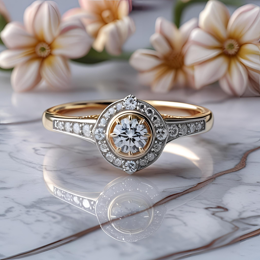 Two-tone diamond engagement ring with contrasting halo, sculpted vintage details, and compass-inspired design. A bold, romantic symbol of love and direction. Unique Custom Engagement Rings | Rare Earth Jewelry