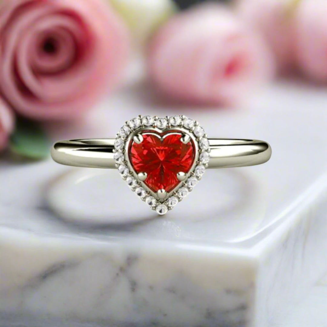 Heart Shaped Red Sapphire Engagement Ring with Diamond Halo, Heart  Cut Red Stone Promise Ring | Rare Earth Jewelry