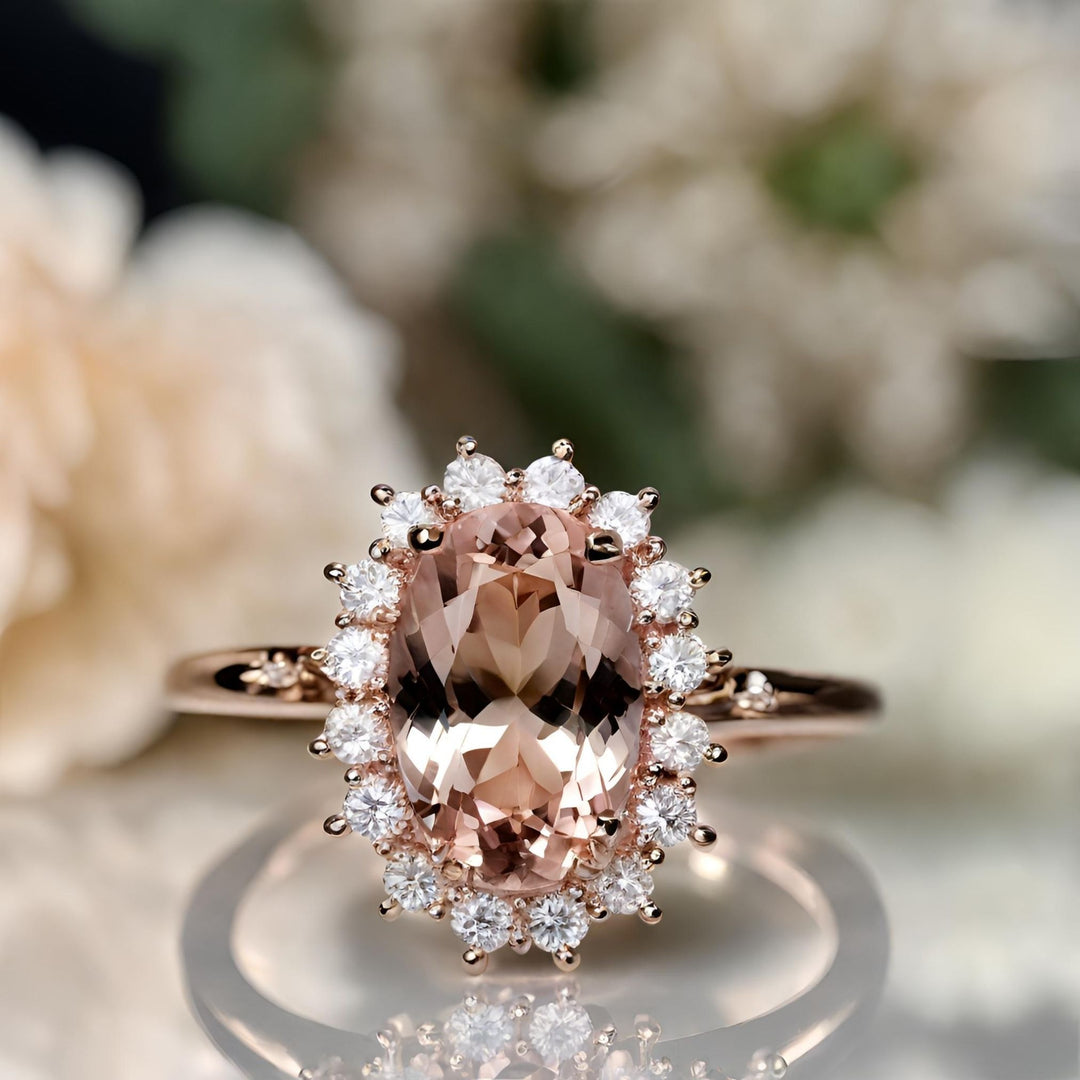 A large elongated oval peach Morganite ring with diamonds in a vintage lady diana style cluster setting in rose gold from Rare Earth Jewelry.