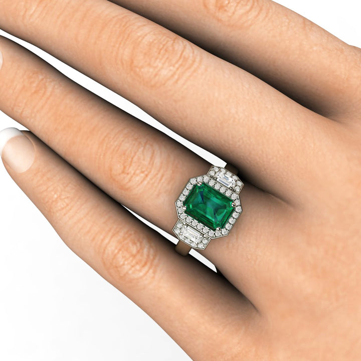 Large Emerald Engagement Ring 3 Stone with Lab Created Diamond Halo, Rare Earth Jewelry