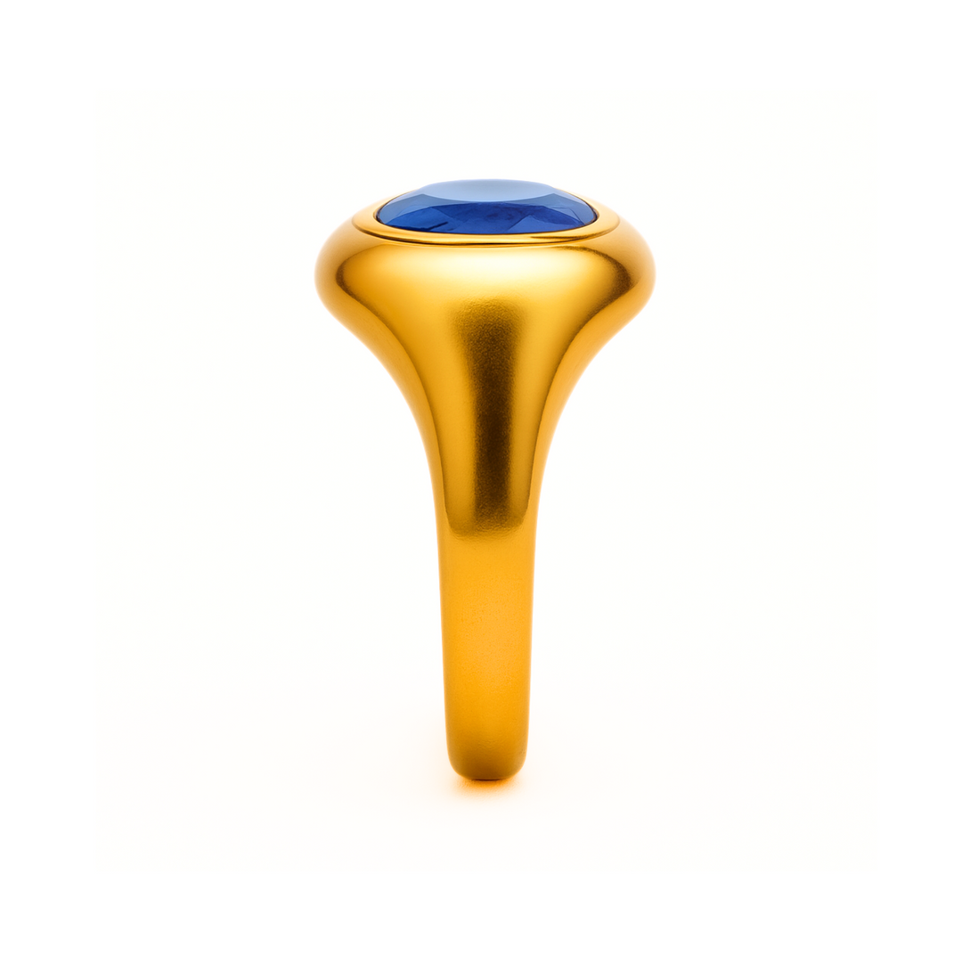 Large Oval Blue Sapphire Dome Ring viewed from the Side, Bezel Set Sapphire Ring,  Modern Statement Ring, Oversized Chunky Sapphire Cocktail Ring in Gold or Platinum | Rare Earth Jewelry