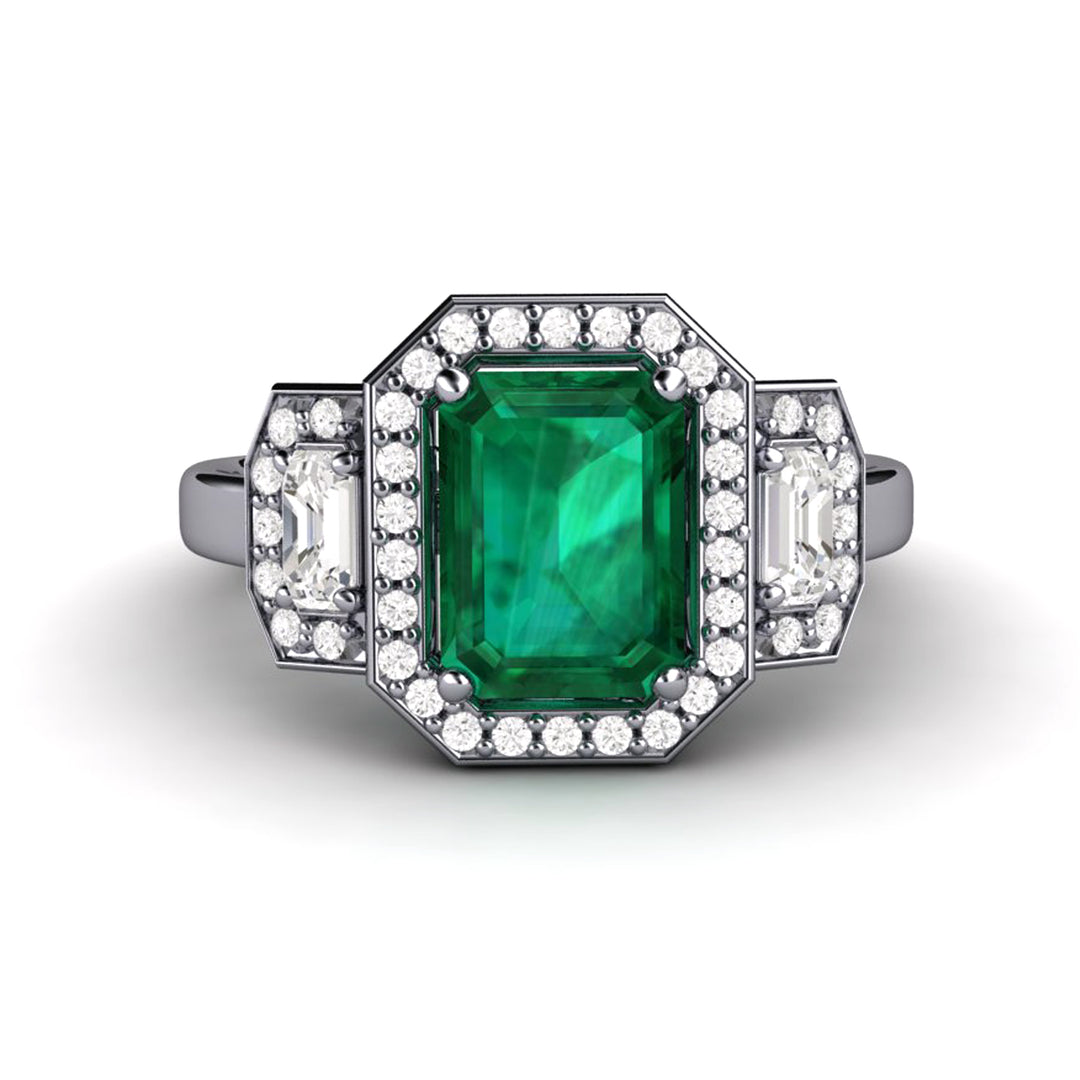 Large Emerald Engagement Ring 3 Stone with Lab Created Diamond Halo, Rare Earth Jewelry
