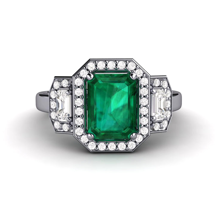 Large Emerald Engagement Ring 3 Stone with Lab Created Diamond Halo, Rare Earth Jewelry