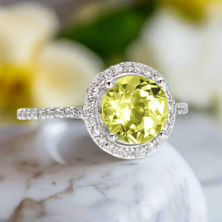 Round Natural Lemon Quartz Ring with Diamond Halo, Lemon Citrine Ring in 14K or 18K Gold | Rare Earth Jewelry