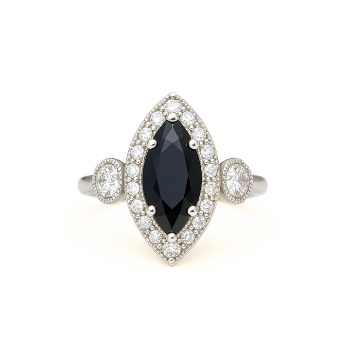 Marquise Cut Natural Black Diamond Engagement Ring with a Vintage Inspired Three Stone Design with Diamond Halo, Milgrain and Filigree in Gold or Platinum | Rare Earth Jewelry