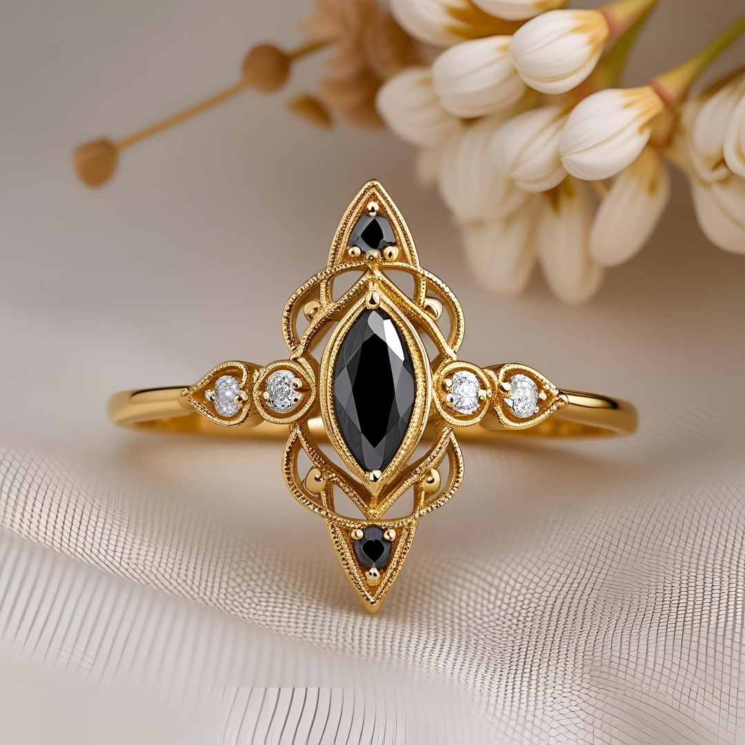 Marquise Black Diamond Ring with Art Deco Design, Geometric Black Diamond Engagement Ring, Lace-Inspired Openwork Gold Ring, Dramatic Black Diamond Statement Ring, Unique Black Diamond Gothic Ring, Vintage Style Black Diamond Ring with Edwardian design. Unique Custom Engagement Rings | Rare Earth Jewelry