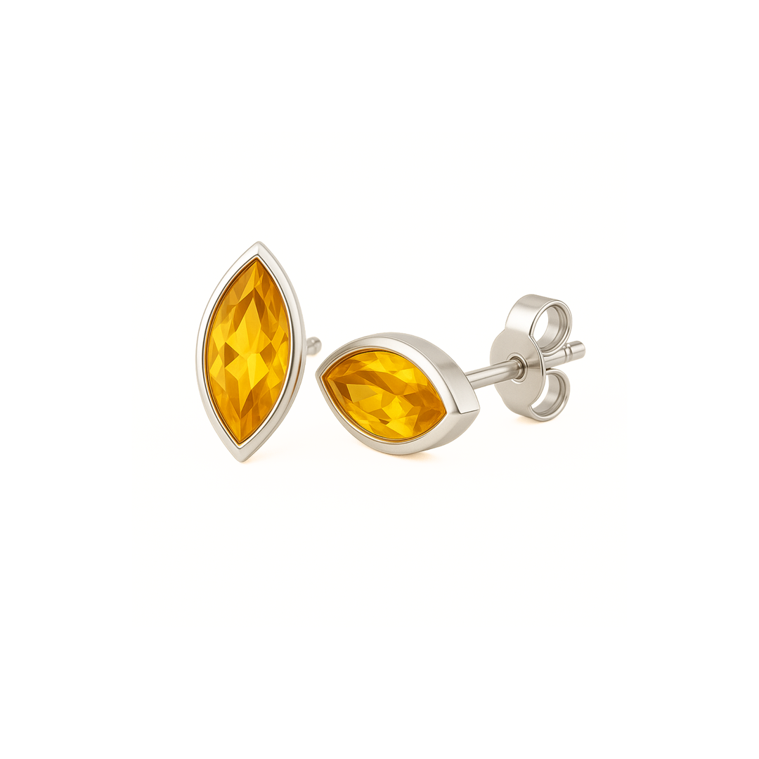 Marquise Cut Natural Citrine Stud Earrings in 14K Gold Bezel Set Yellow Gemstone Studs for Men or Women, November Birthstone Earrings available as a single stud earring or pair | Rare Earth Jewelry