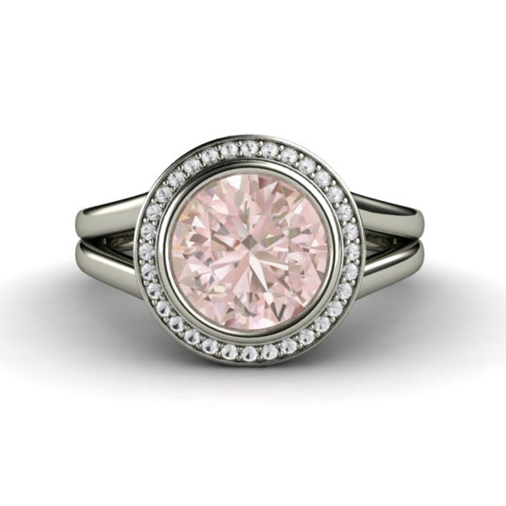 Morganite and Diamond Engagement Ring, Round Morganite Ring with Diamond Halo and Split Shank Double Band | Rare Earth Jewelry