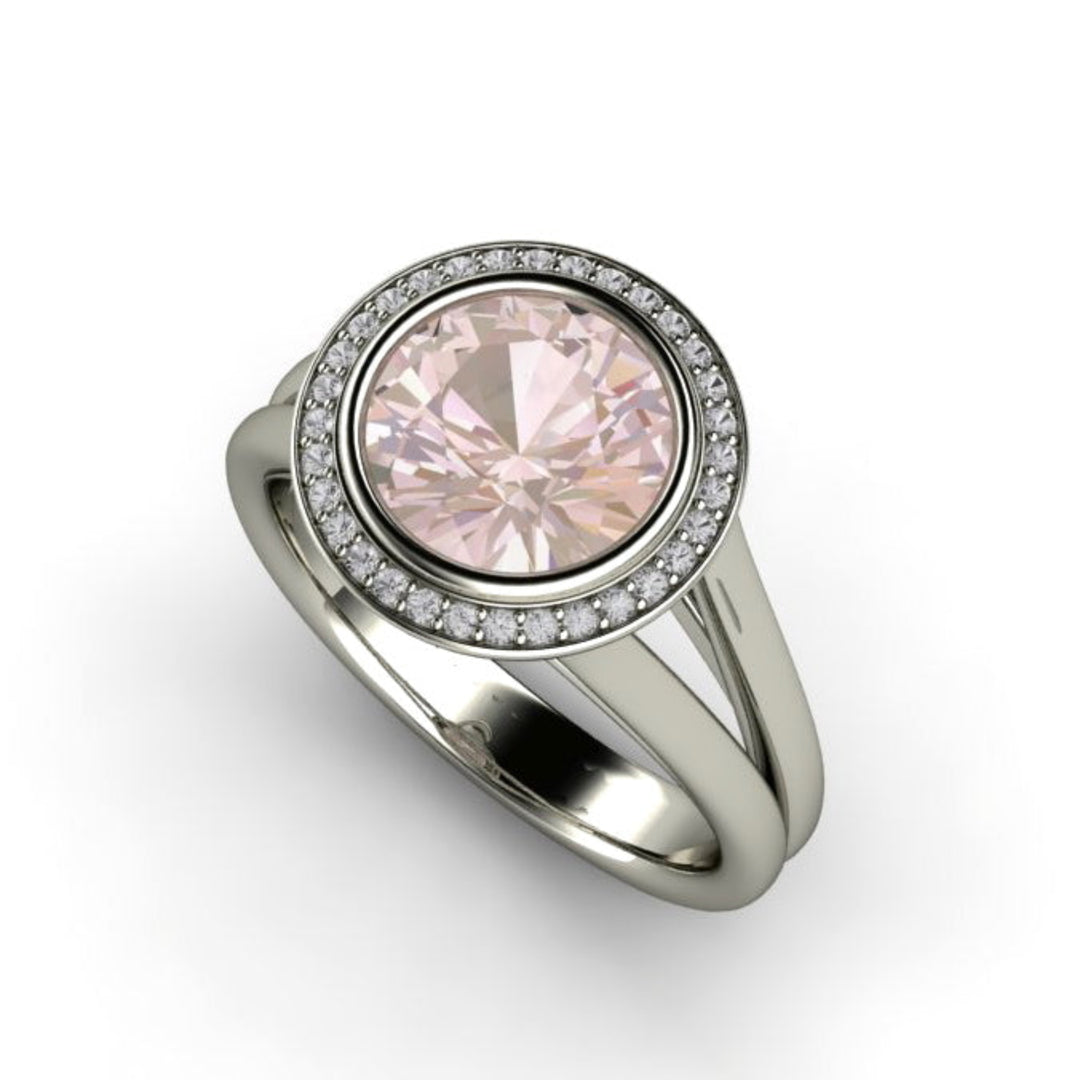 Round Bezel Set Morganite Ring, Split Shank Diamond Halo Engagement Ring, Unique Custom Engagement Rings | Rare Earth Jewelry