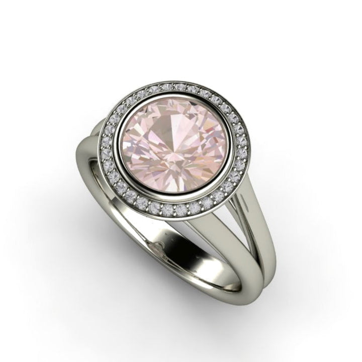 Round Bezel Set Morganite Ring, Split Shank Diamond Halo Engagement Ring, Unique Custom Engagement Rings | Rare Earth Jewelry