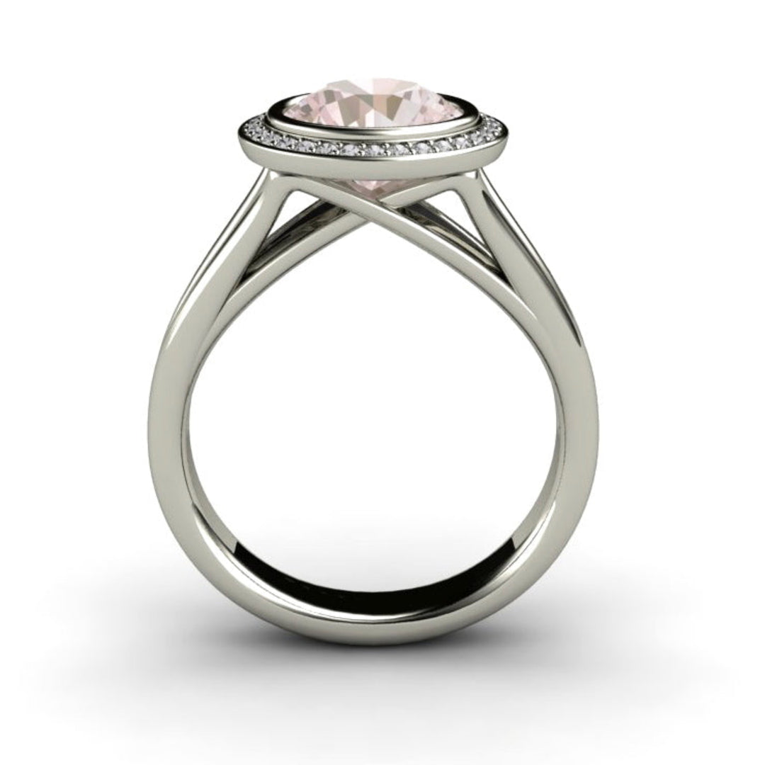 Round Morganite Engagement Ring Bezel Setting with Dramatic Woven Prong Cathedral Setting and Diamond Halo in Gold or Platinum | Rare Earth Jewelry