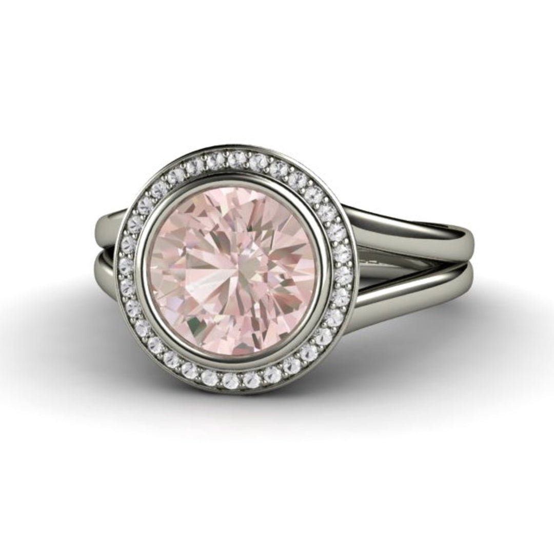 Round 2 Carat Morganite Ring with Bezel Set Diamond Halo and Split Shank Double Band, Morganite Statement Ring | Rare Earth Jewelry
