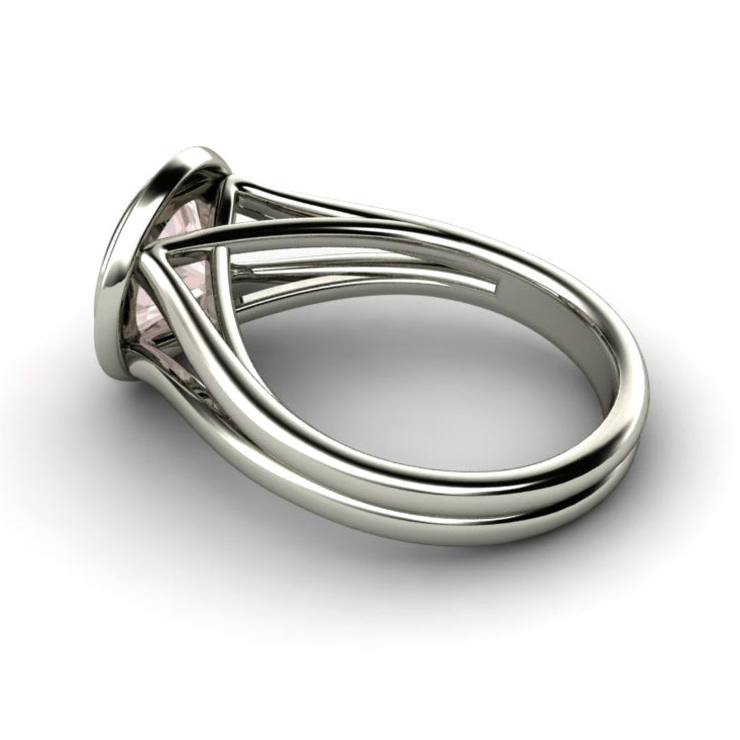 View of elegant split shank engagement ring design showing double bands and woven cathedral setting. Rare Earth Jewelry
