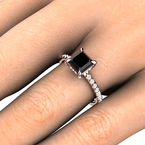 Natural Black Diamond ring, unique square princess cut black stone engagement ring shown on the hand.  