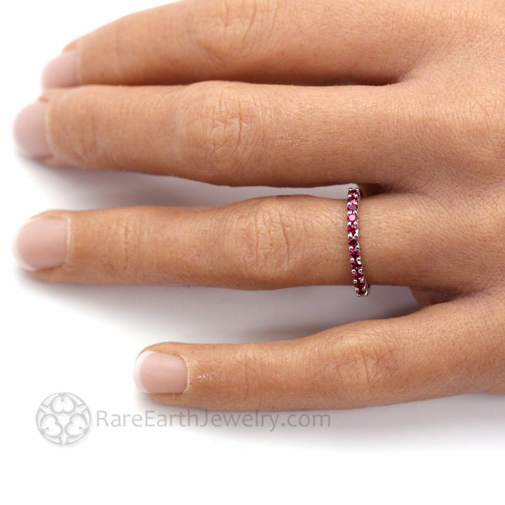 Natural Ruby Wedding Band on the Finger, Ruby Ring Hand Photo, Stackable July Birthstone Ring in Gold or Platinum | Rare Earth Jewelry