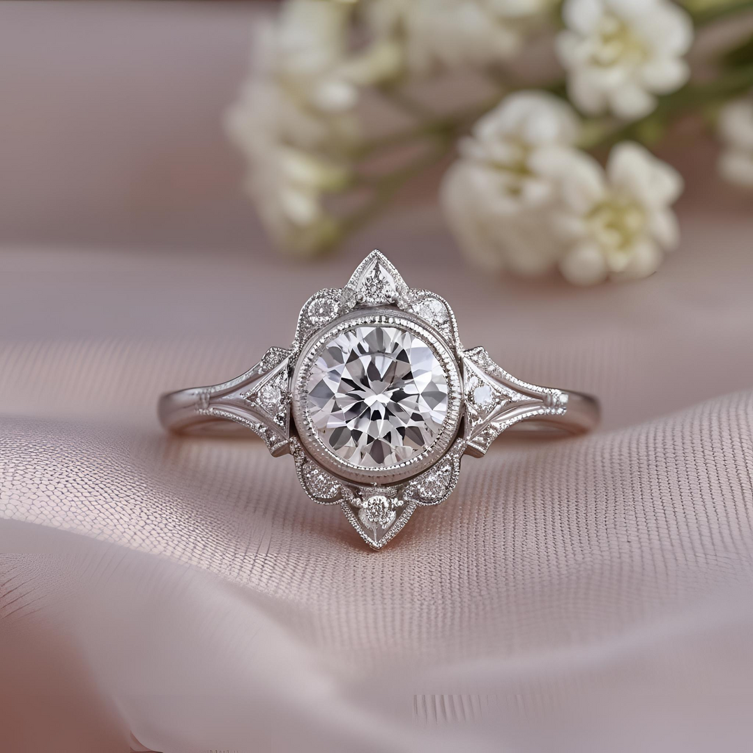 Round bezel set diamond ring with milgrain, vintage-inspired ornate diamond engagement ring, Edwardian diamond ring. Unique Custom Engagement Rings | Rare Earth Jewelry