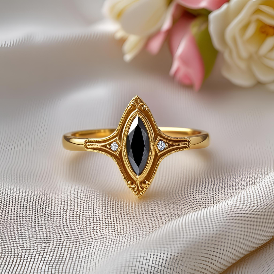 Marquise cut black diamond ring, ornate bezel setting, vintage inspired engagement ring, Victorian and Edwardian style, antique gold ring with diamond accents. Unique Custom Engagement Rings | Rare Earth Jewelry