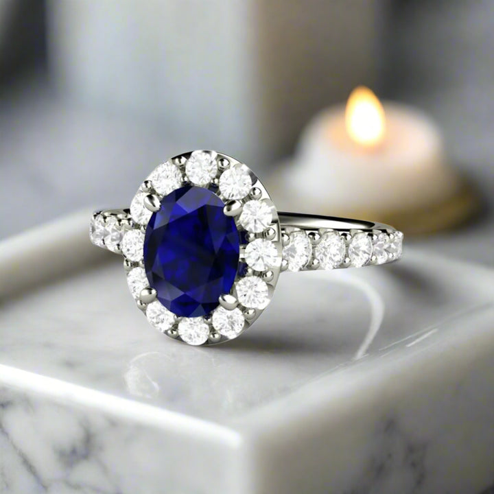 Oval Blue Sapphire Engagement Ring, Pave Diamond Halo Cathedral Setting | Rare Earth Jewelry