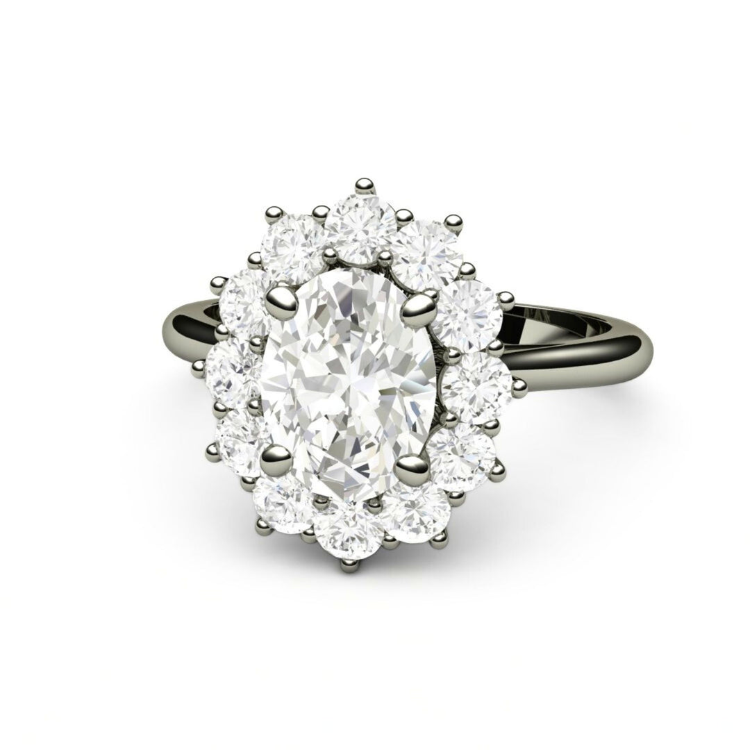 Oval Moissanite Engagement Ring | Vintage Halo Forever One Moissanite, Rare Earth Jewelry