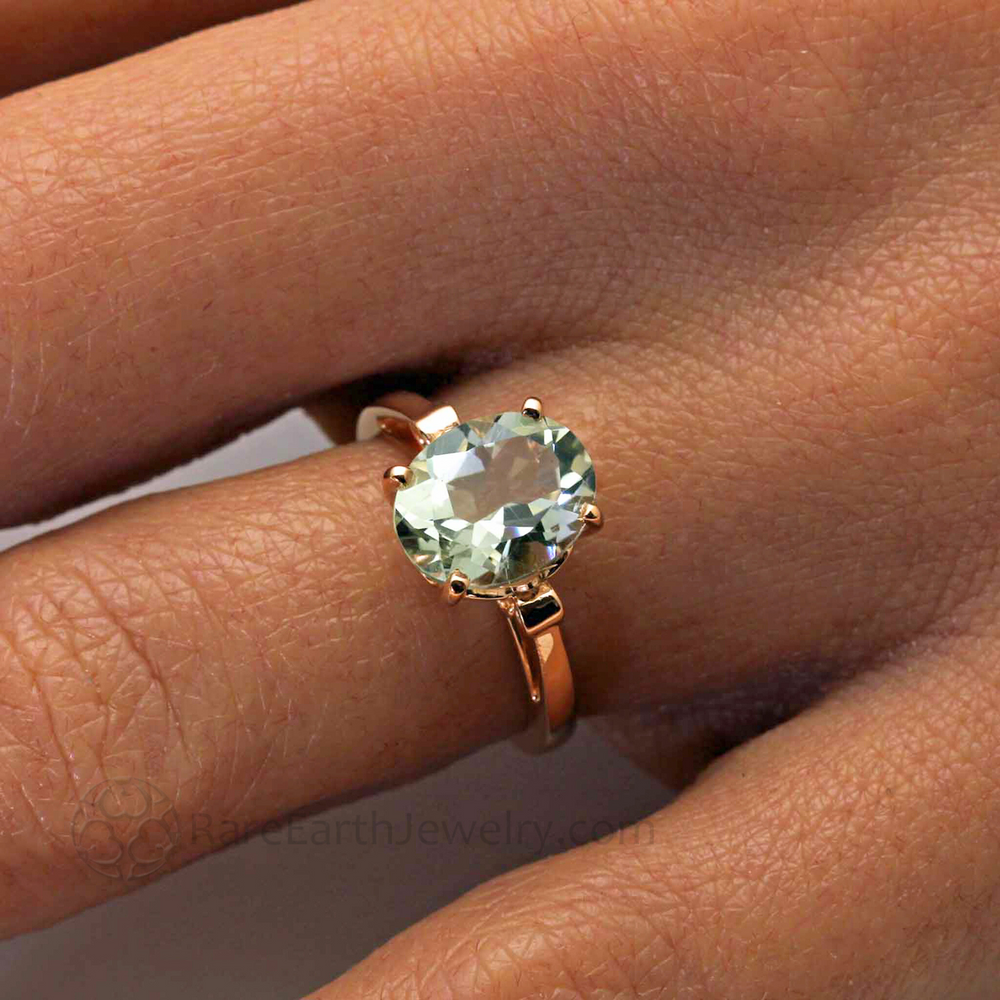 Oval Cut Green Amethyst Ring | Light Green Gemstone in Fleur de Lis Solitaire Design, Rare Earth Jewelry