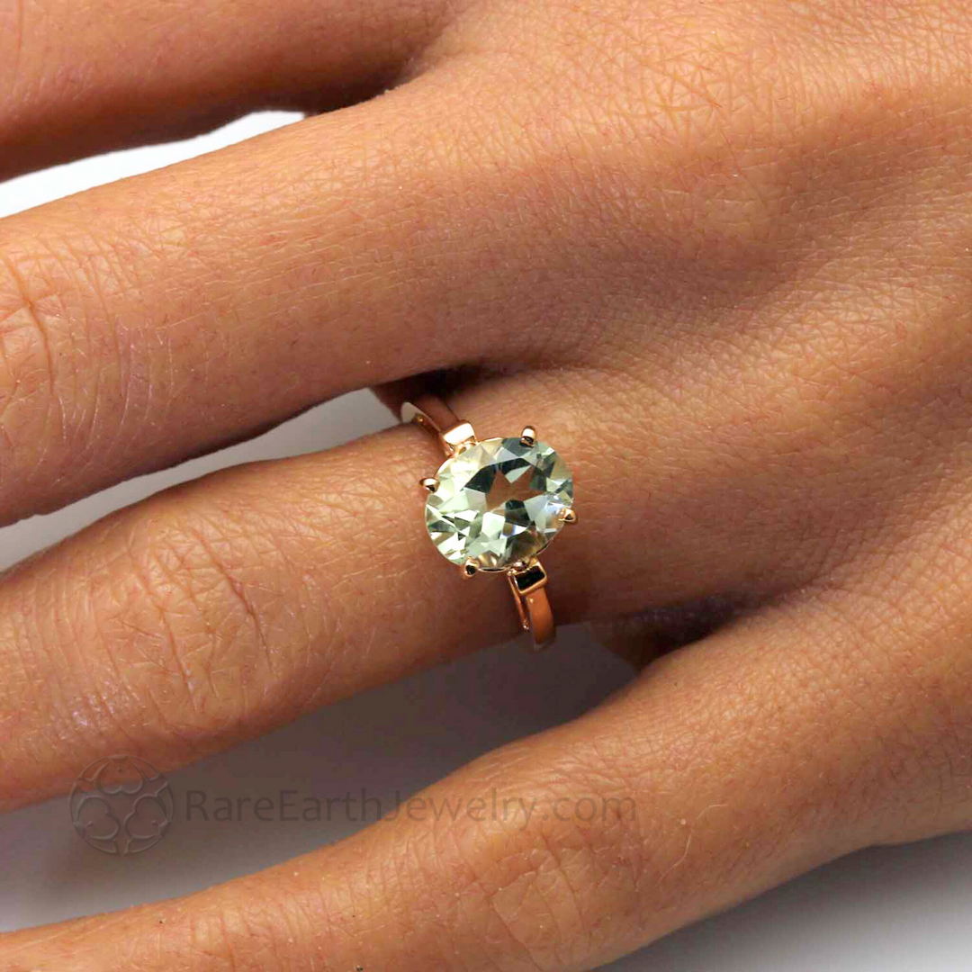 Oval Cut Green Amethyst Ring | Light Green Gemstone in Fleur de Lis Solitaire Design, Rare Earth Jewelry
