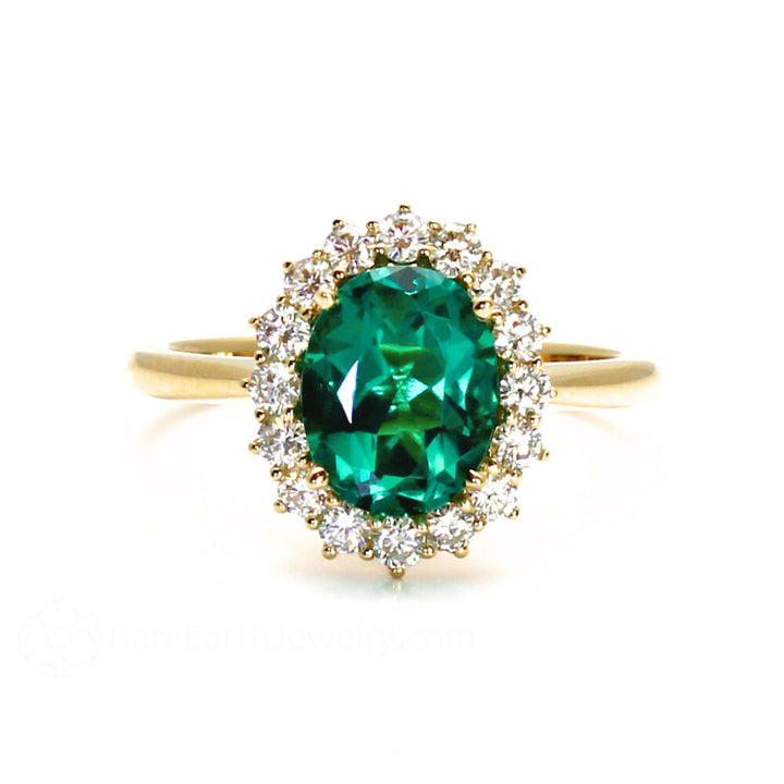 Vintage Emerald Engagement Ring Oval Cluster with Diamonds, Rare Earth Jewelry