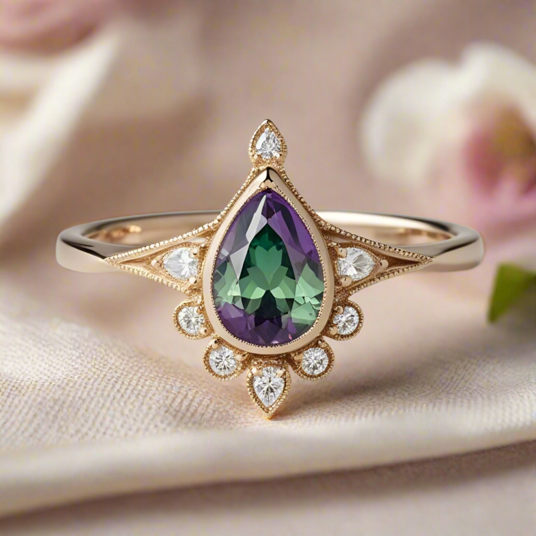 Pear cut Alexandrite ring with diamond accents, tiara-inspired silhouette, vintage milgrain detailing, and romantic Edwardian style. Unique Custom Engagement Rings | Rare Earth Jewelry