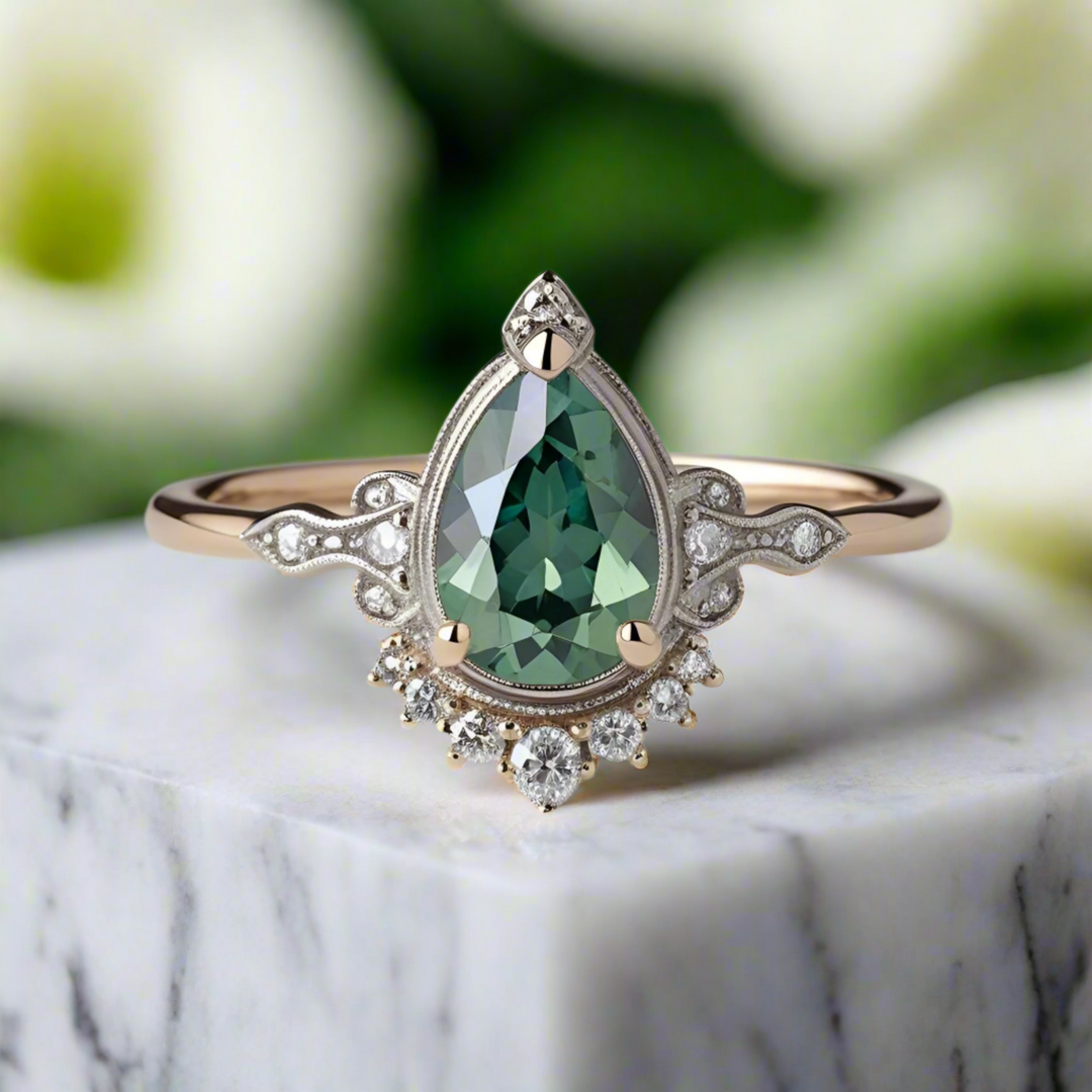A stunning Edwardian inspired pear shaped Alexandrite engagement ring with diamond accents in a striking tiara design. Unique Antique Style Engagement Rings | Rare Earth Jewelry