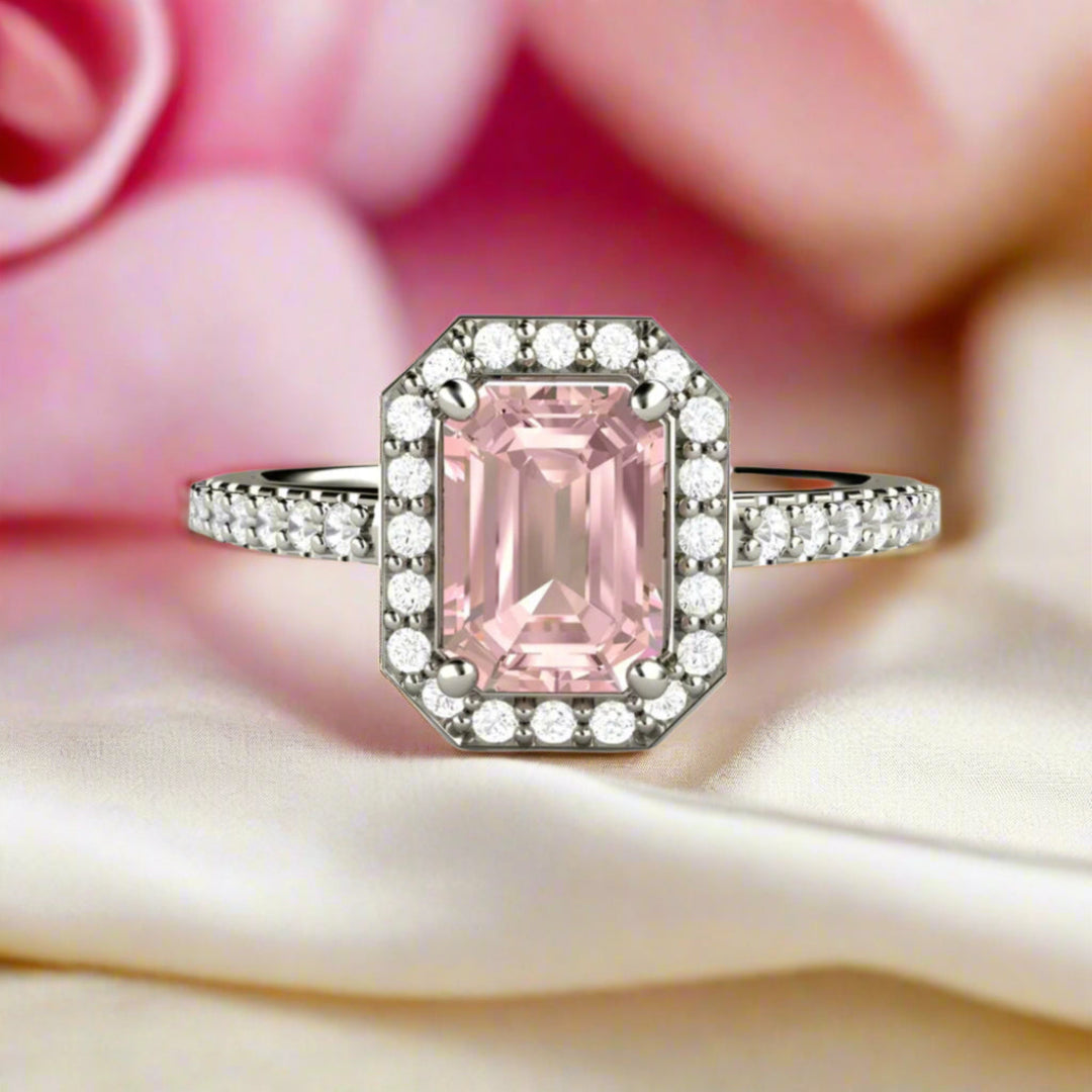 Emerald Cut Pink Moissanite Engagement Ring, Dainty and Feminine Ring with Thin Band and Pave Set Diamonds | Rare Earth Jewelry