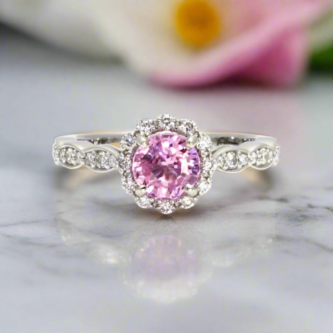 Round Pink Sapphire Engagement Ring, Vintage Inspired Diamond Halo with Scalloped Band | Rare Earth Jewelry