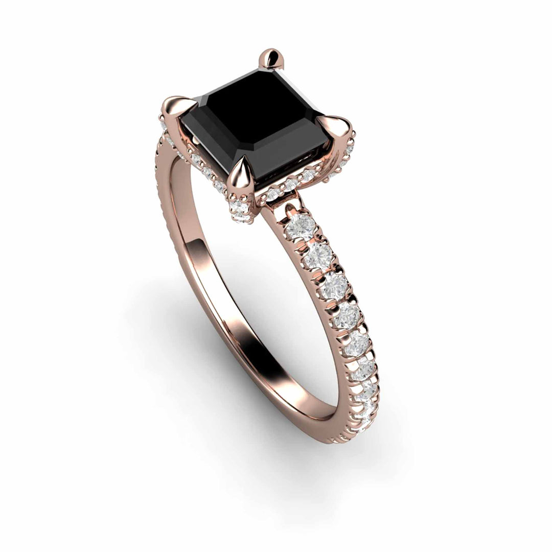 Princess Cut Black Diamond Engagement Ring | Solitaire with Pave Accents, Rare Earth Jewelry