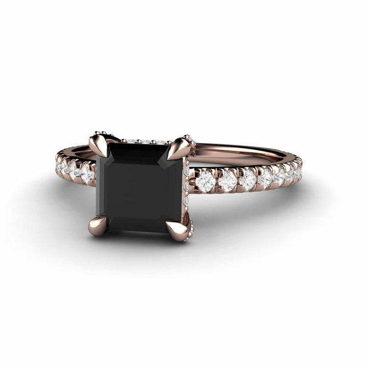 Princess Cut Black Diamond Engagement Ring | Solitaire with Pave Accents, Rare Earth Jewelry