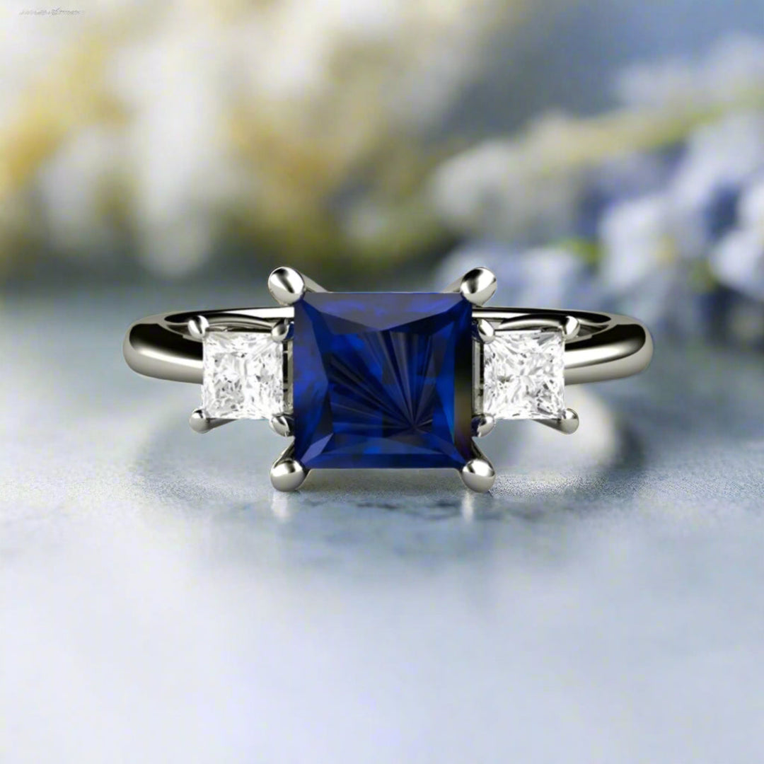 Princess Cut Square Blue Sapphire 3 Stone Ring, Trio Style Sapphire Engagement Ring with Diamond Accents in Gold or Platinum | Rare Earth Jewelry