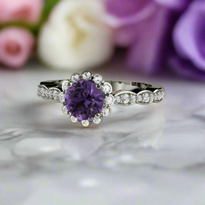 Natural Purple Sapphire Ring, Vintage Style Halo Engagement Ring, Ceylon Sri Lankan Sapphire Ring, Unique Engagement Ring with Flower Design | Rare Earth Jewelry