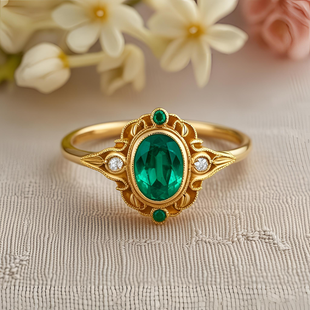 Oval emerald ring with vintage style scrollwork, shimmering diamond accents, and graceful antique-inspired design. Unique Custom Engagement Rings | Rare Earth Jewelry