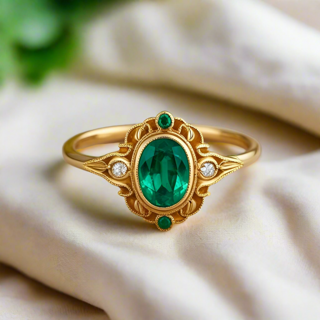 Oval emerald ring with vintage style scrollwork, shimmering diamond accents, and graceful antique-inspired design. Unique Custom Engagement Rings | Rare Earth Jewelry