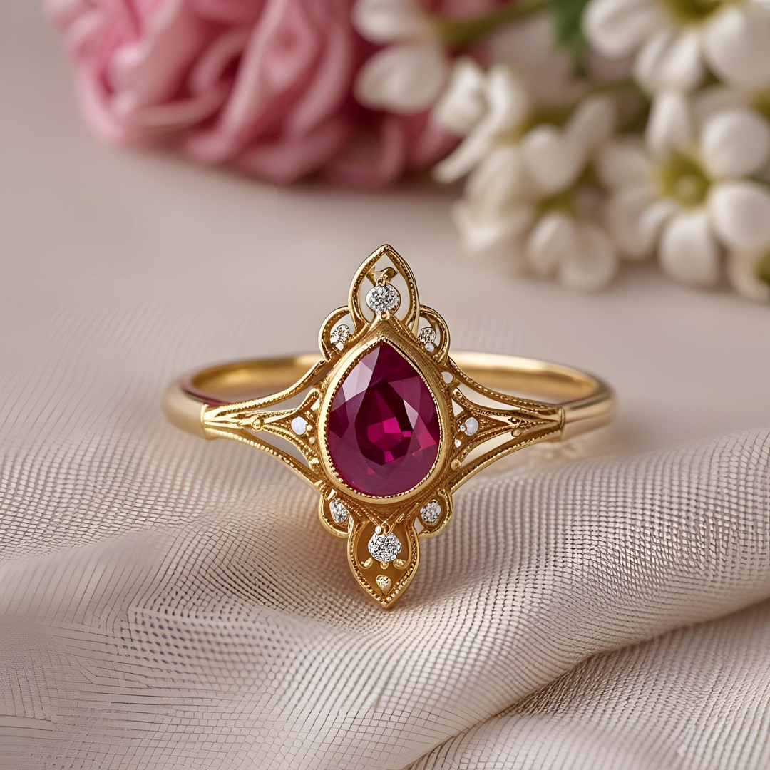 Pear cut ruby ring with bezel setting, vintage lace-like openwork, sparkling diamond accents, and regal crown design. Unique Custom Engagement Rings | Rare Earth Jewelry