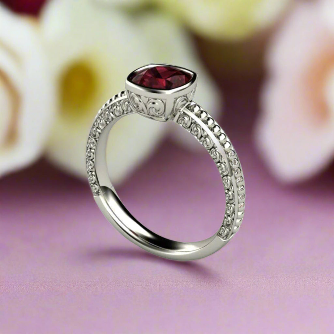 Natural Rhodolite Garnet Ring, Vintage Style Cushion Cut Bezel Set Solitaire, January Birthstone Ring in 14K or 18K Gold or Platinum | Rare Earth Jewelry