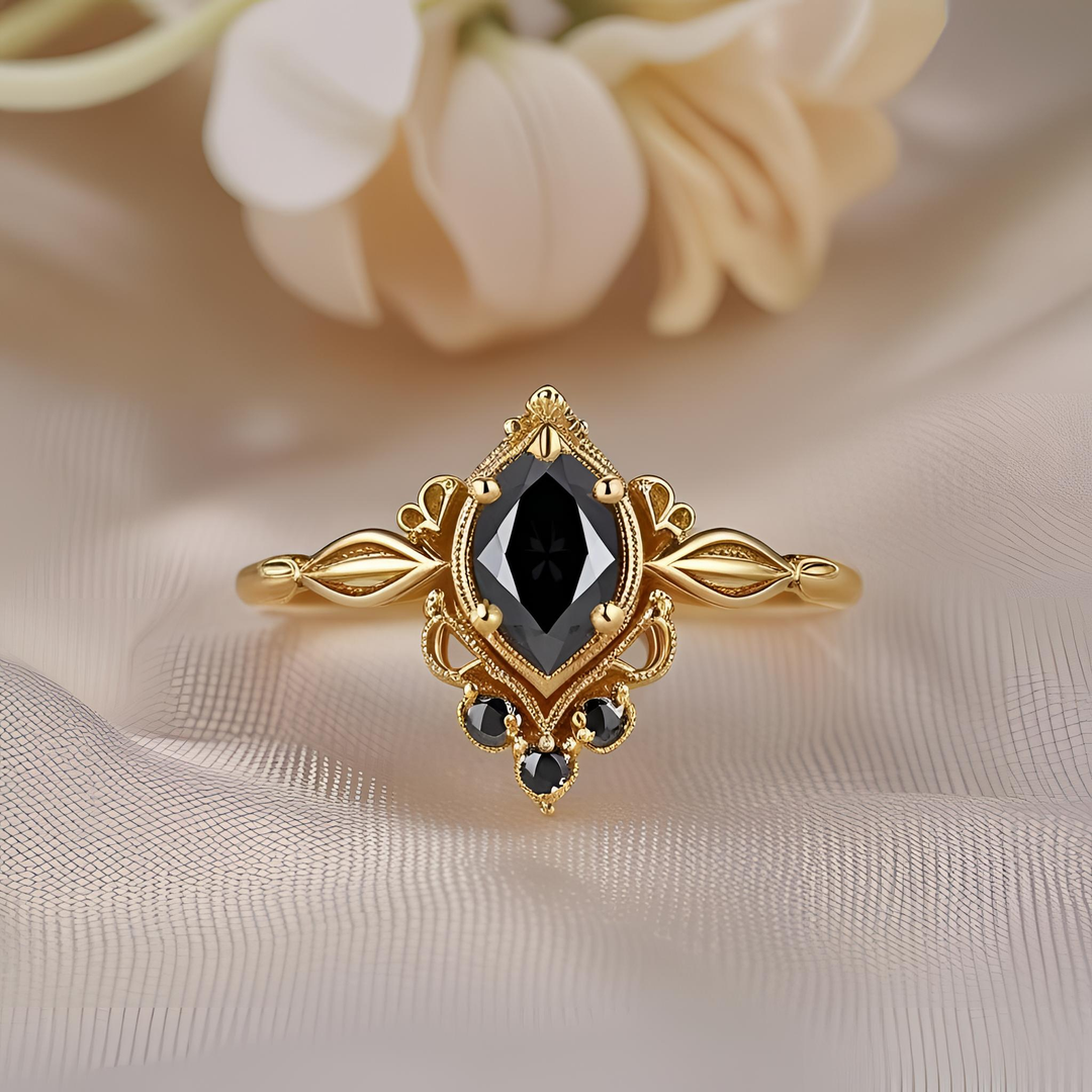 Pear Cut Black Diamond Ring, Vintage Inspired Black Diamond Ring, Dainty Black Diamond Engagement Ring, Romantic Black Diamond Ring, Feminine Pear Shaped Black Diamond Ring inspired by Victorian and Edwardian Designs | Unique Custom Engagement Rings | Rare Earth Jewelry